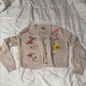 Sioni Cream and Yellow Knit Cardigan with Floral Embroidery